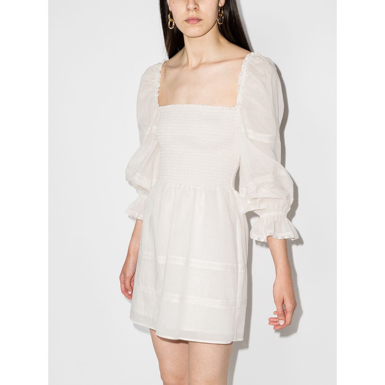New Reformation Dunes Dress Cream Puff Long Sleeve Smocked Square Neck Mini Sz 4